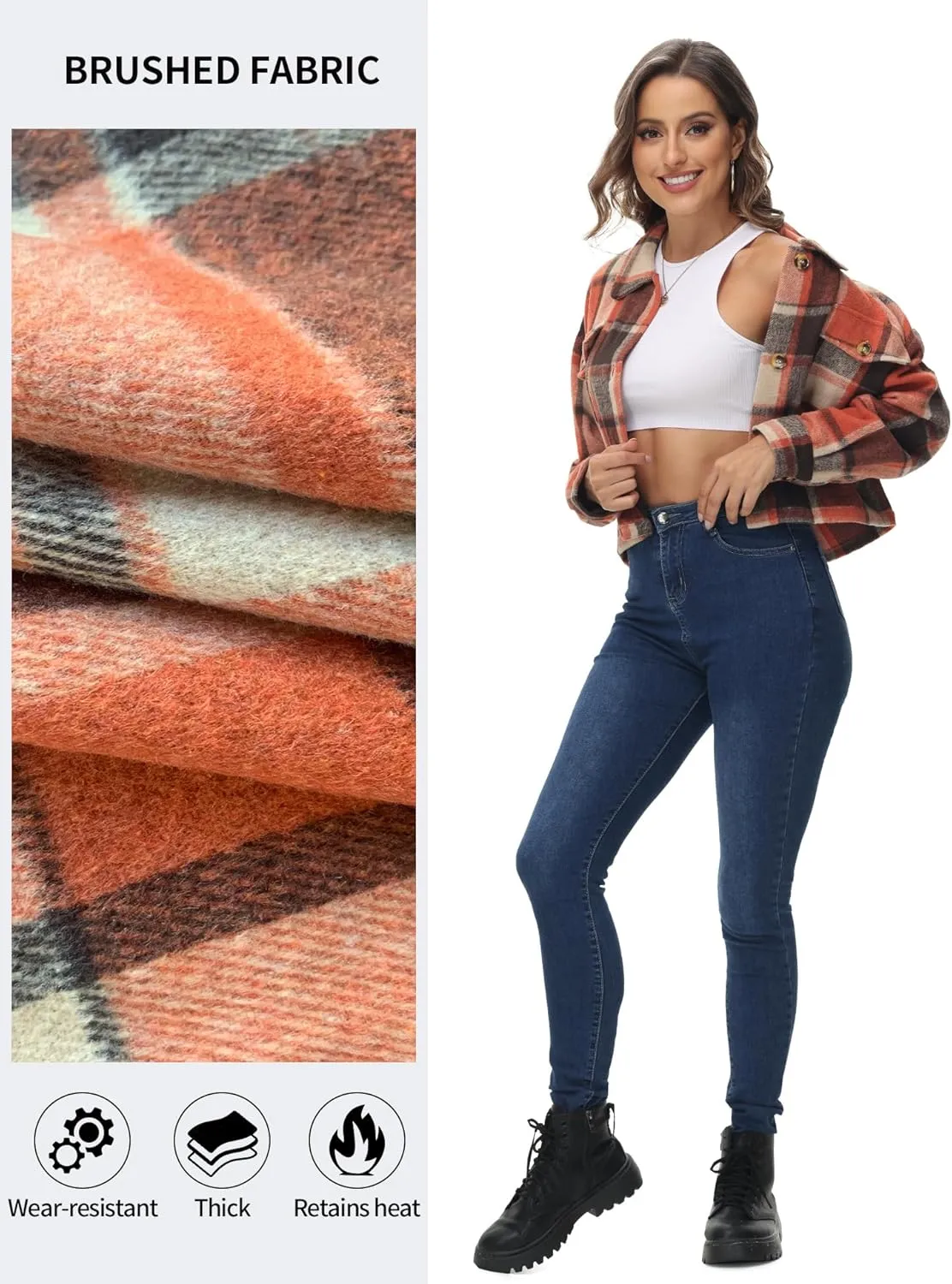 URBEST Women's Oversized Plaid Shacket | Soft Brushed Fabric | Casual Layering Top, Knee Length/Plus Size/Cropped