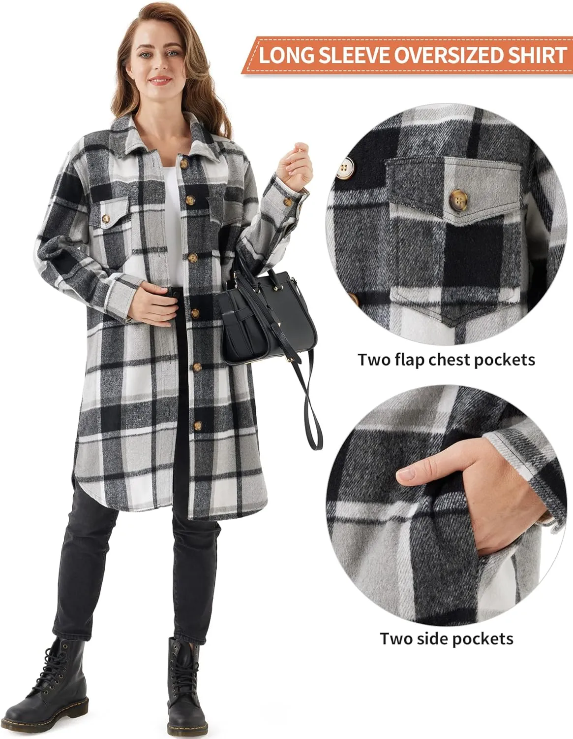 URBEST Women's Oversized Plaid Shacket | Soft Brushed Fabric | Casual Layering Top, Knee Length/Plus Size/Cropped