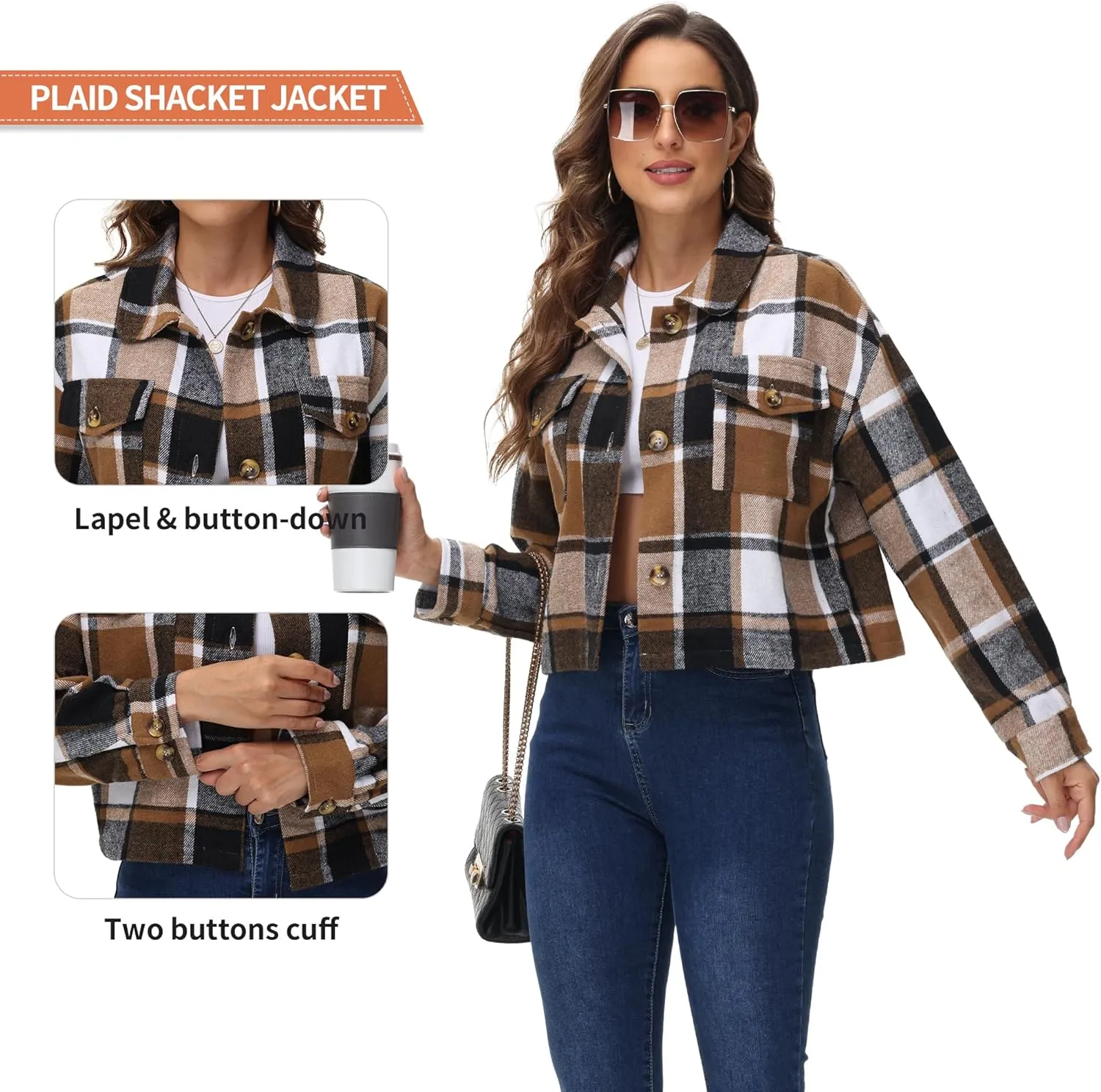 URBEST Women's Oversized Plaid Shacket | Soft Brushed Fabric | Casual Layering Top, Knee Length/Plus Size/Cropped