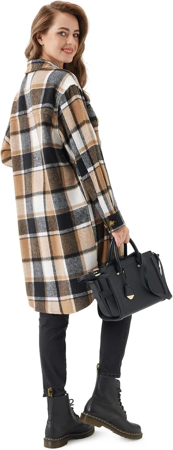URBEST Women's Oversized Plaid Shacket | Soft Brushed Fabric | Casual Layering Top, Knee Length/Plus Size/Cropped