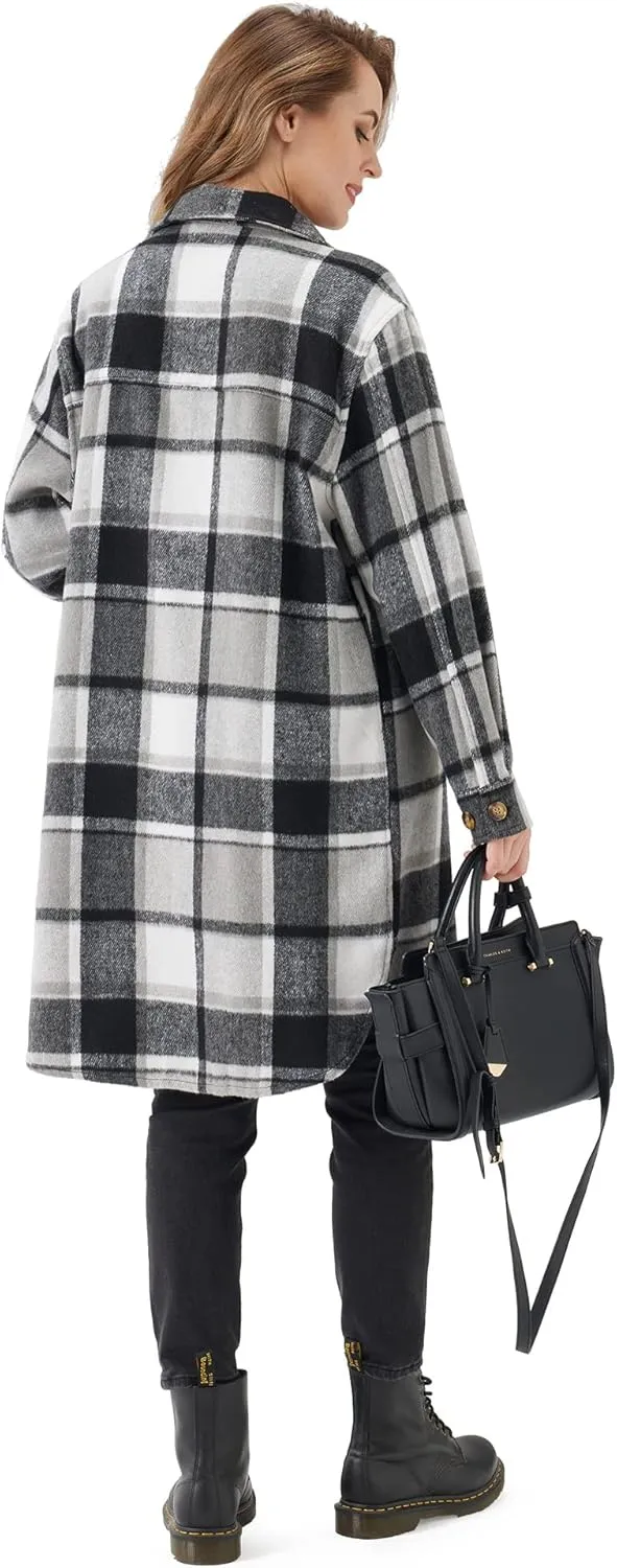URBEST Women's Oversized Plaid Shacket | Soft Brushed Fabric | Casual Layering Top, Knee Length/Plus Size/Cropped