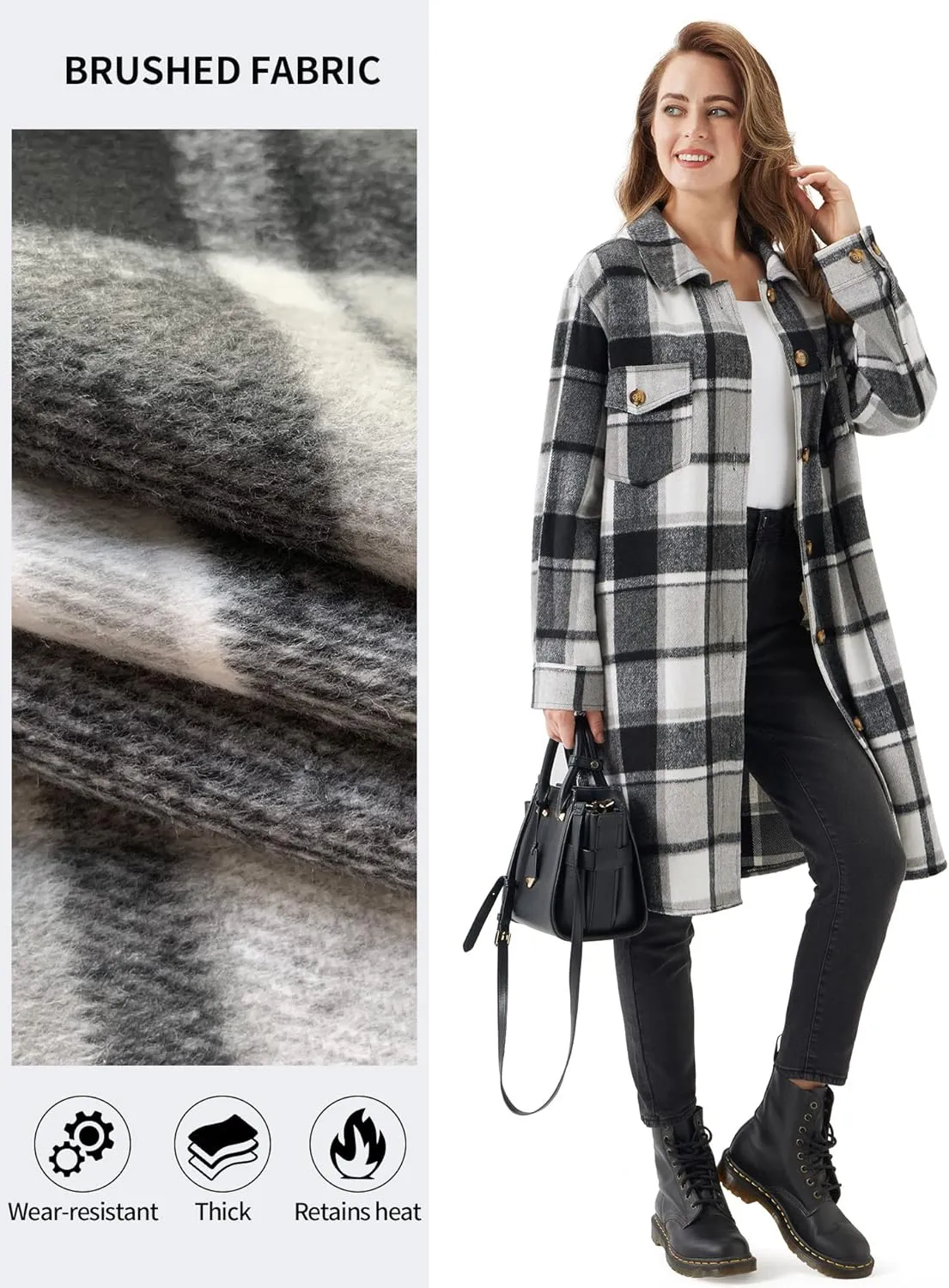 URBEST Women's Oversized Plaid Shacket | Soft Brushed Fabric | Casual Layering Top, Knee Length/Plus Size/Cropped