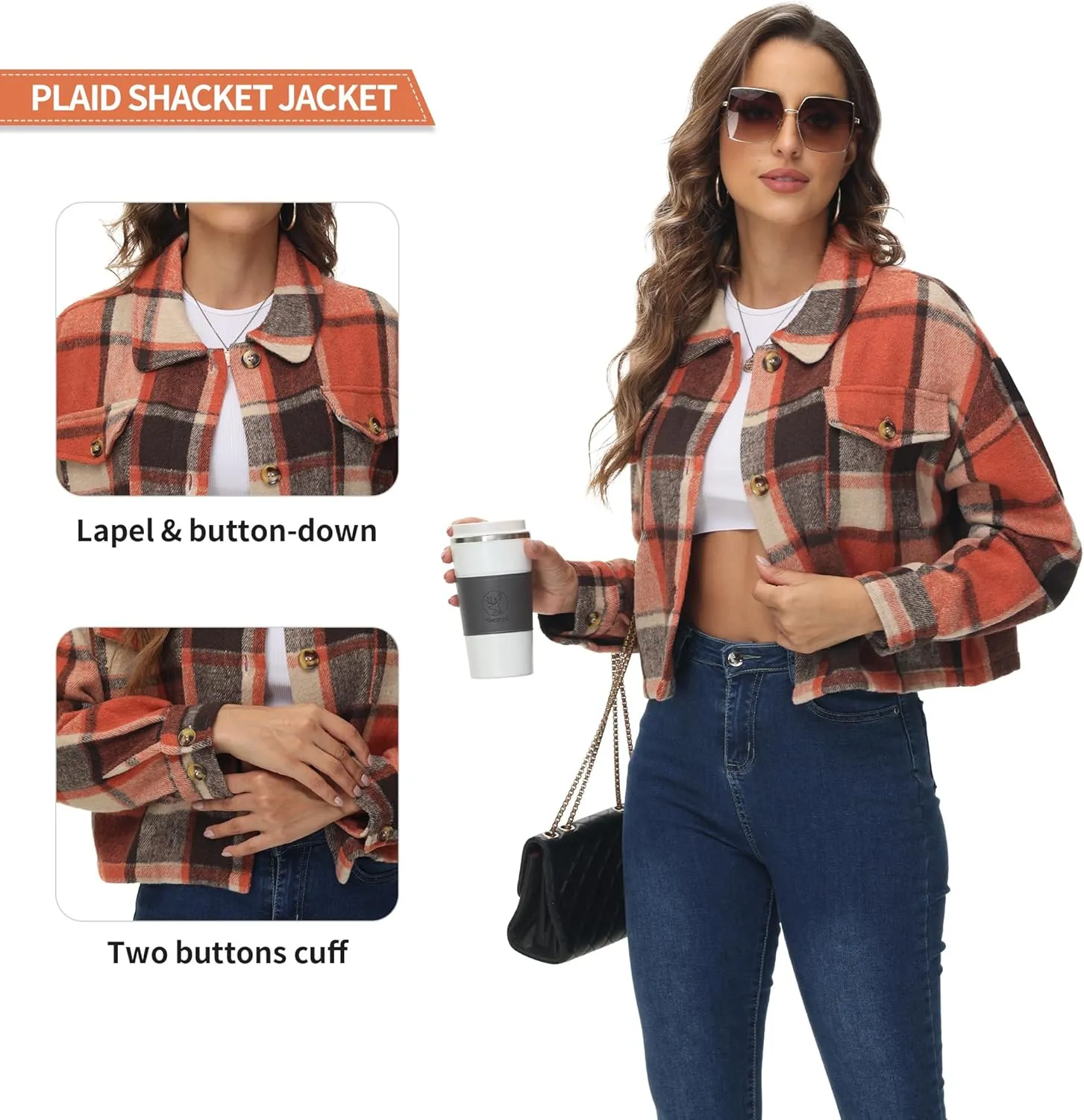 URBEST Women's Oversized Plaid Shacket | Soft Brushed Fabric | Casual Layering Top, Knee Length/Plus Size/Cropped