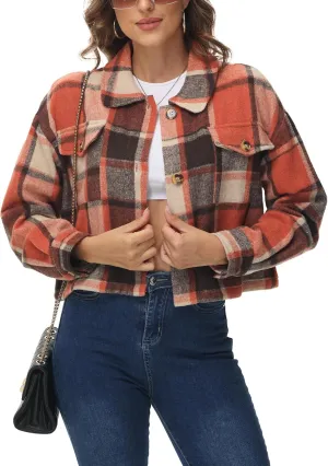 URBEST Women's Oversized Plaid Shacket | Soft Brushed Fabric | Casual Layering Top, Knee Length/Plus Size/Cropped