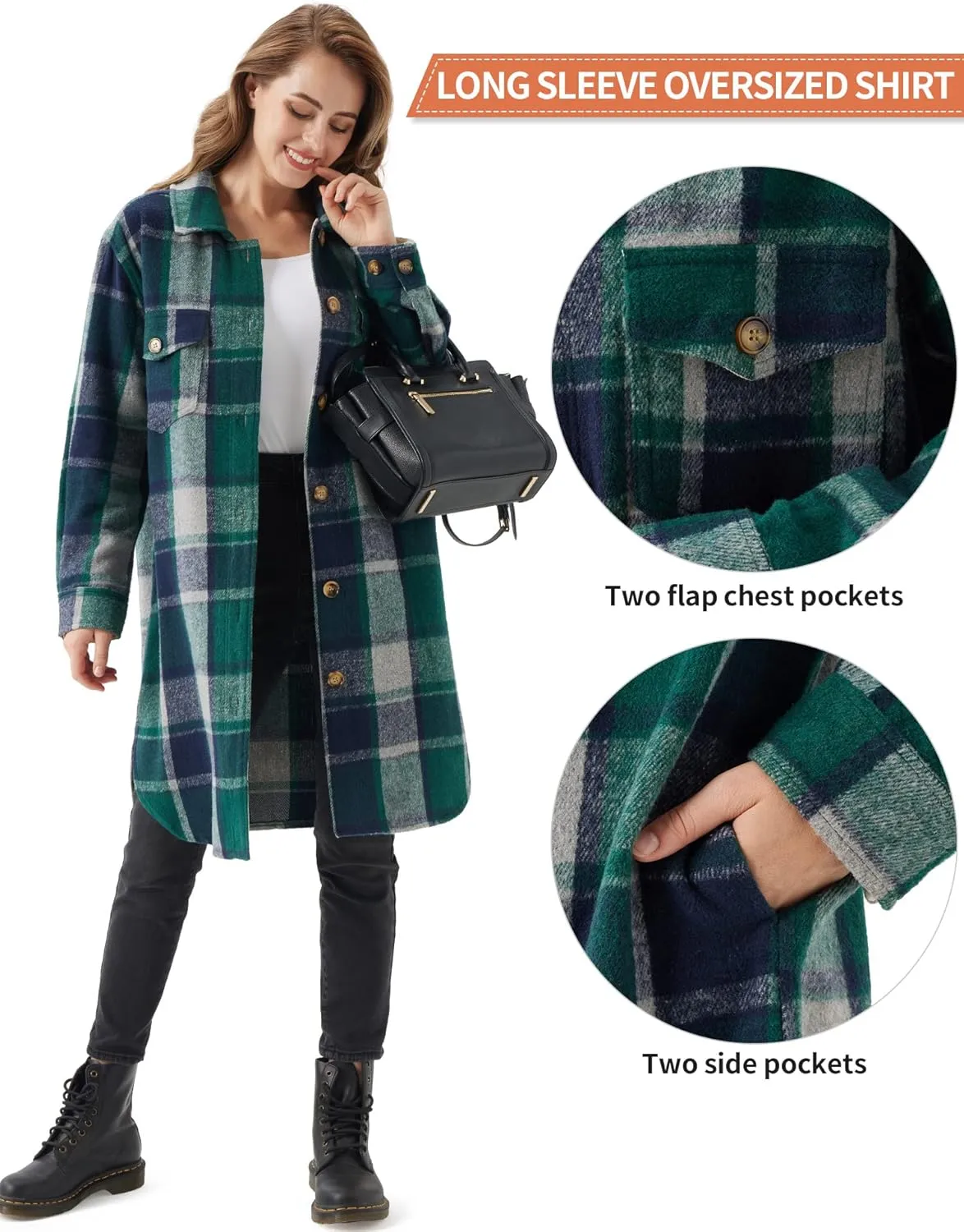 URBEST Women's Oversized Plaid Shacket | Soft Brushed Fabric | Casual Layering Top, Knee Length/Plus Size/Cropped