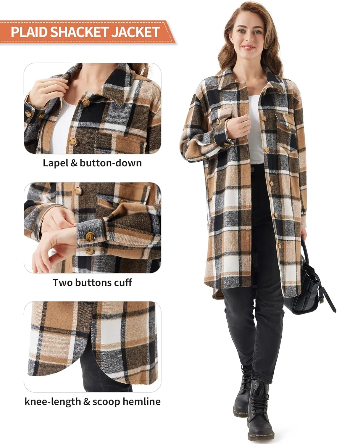 URBEST Women's Oversized Plaid Shacket | Soft Brushed Fabric | Casual Layering Top, Knee Length/Plus Size/Cropped