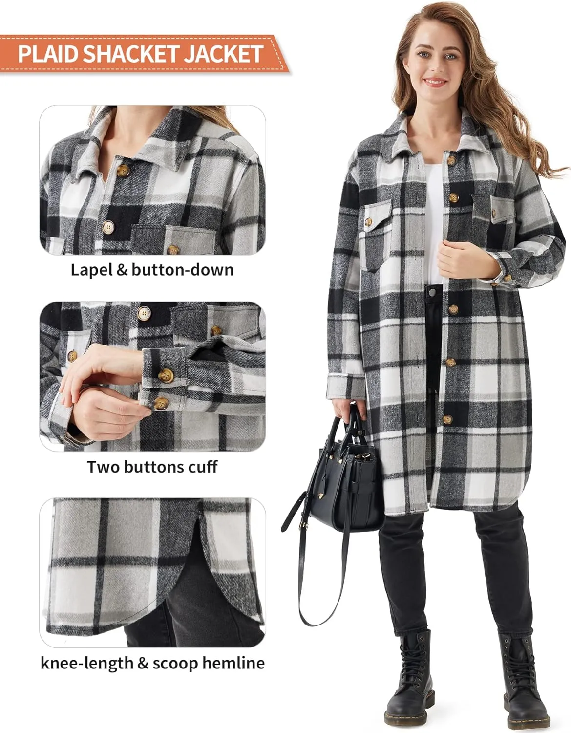 URBEST Women's Oversized Plaid Shacket | Soft Brushed Fabric | Casual Layering Top, Knee Length/Plus Size/Cropped