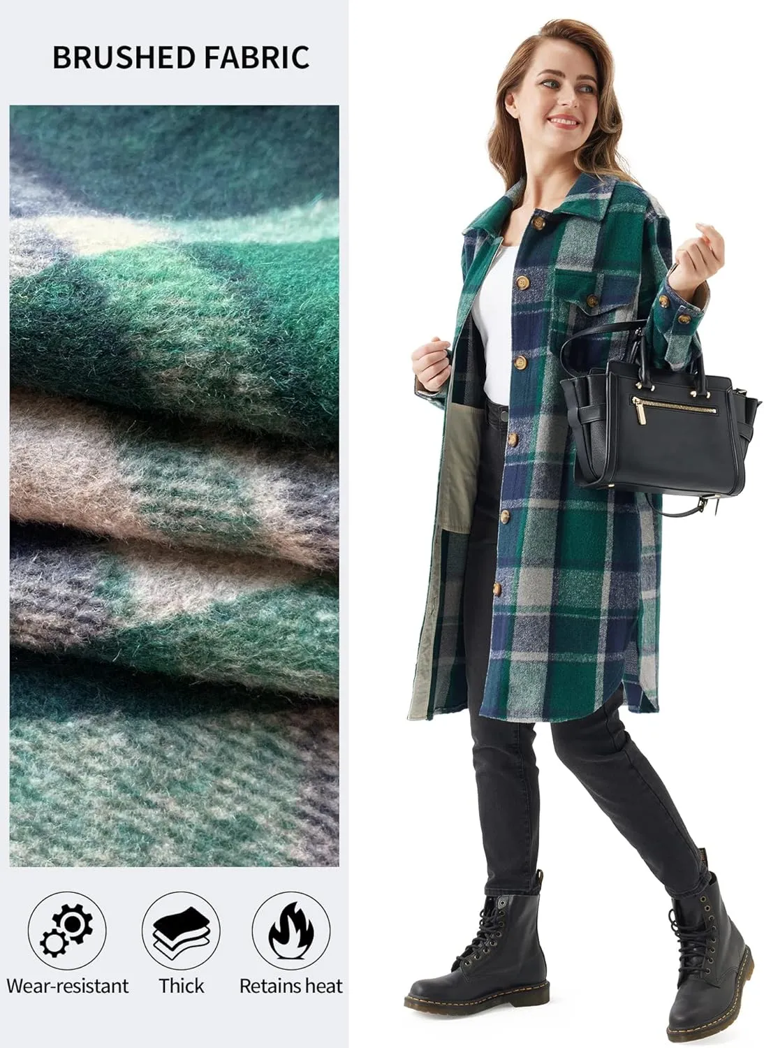 URBEST Women's Oversized Plaid Shacket | Soft Brushed Fabric | Casual Layering Top, Knee Length/Plus Size/Cropped