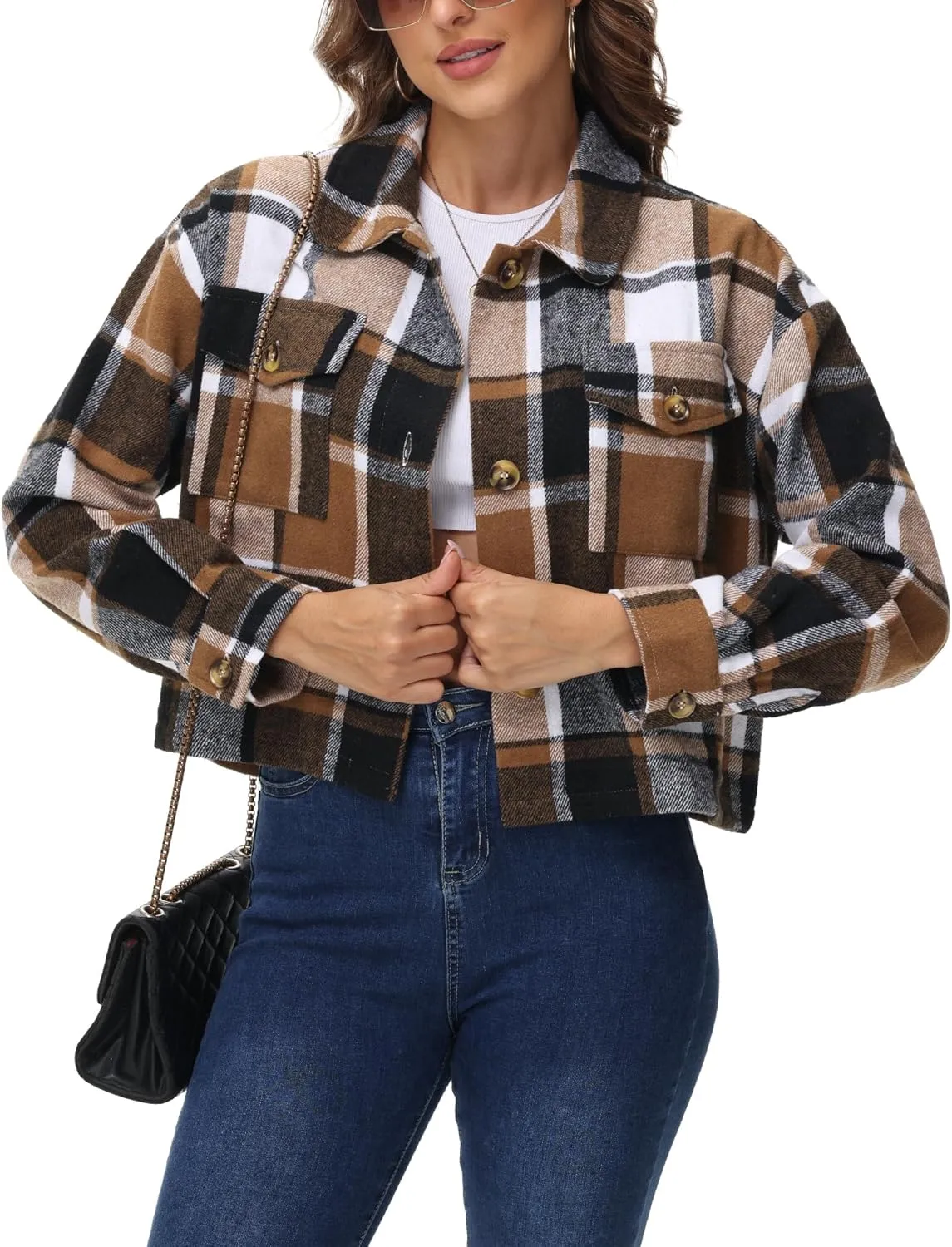 URBEST Women's Oversized Plaid Shacket | Soft Brushed Fabric | Casual Layering Top, Knee Length/Plus Size/Cropped