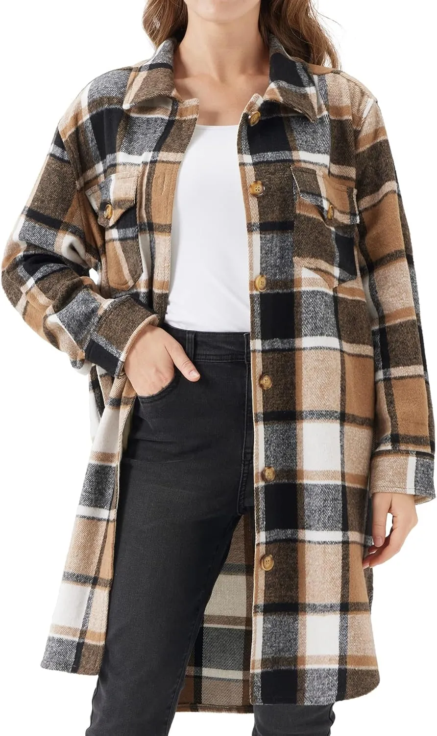 URBEST Women's Oversized Plaid Shacket | Soft Brushed Fabric | Casual Layering Top, Knee Length/Plus Size/Cropped