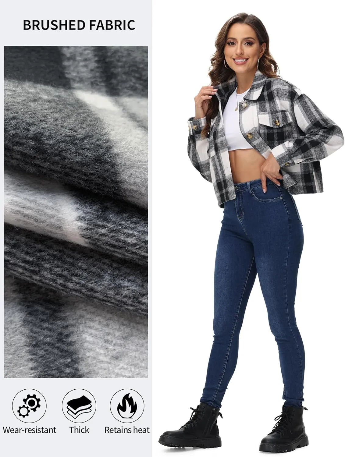 URBEST Women's Oversized Plaid Shacket | Soft Brushed Fabric | Casual Layering Top, Knee Length/Plus Size/Cropped