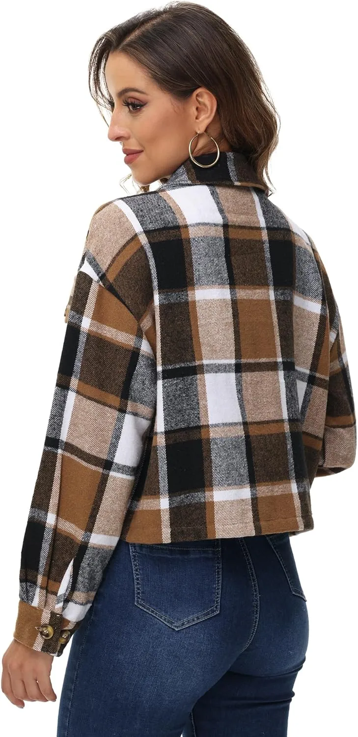 URBEST Women's Oversized Plaid Shacket | Soft Brushed Fabric | Casual Layering Top, Knee Length/Plus Size/Cropped