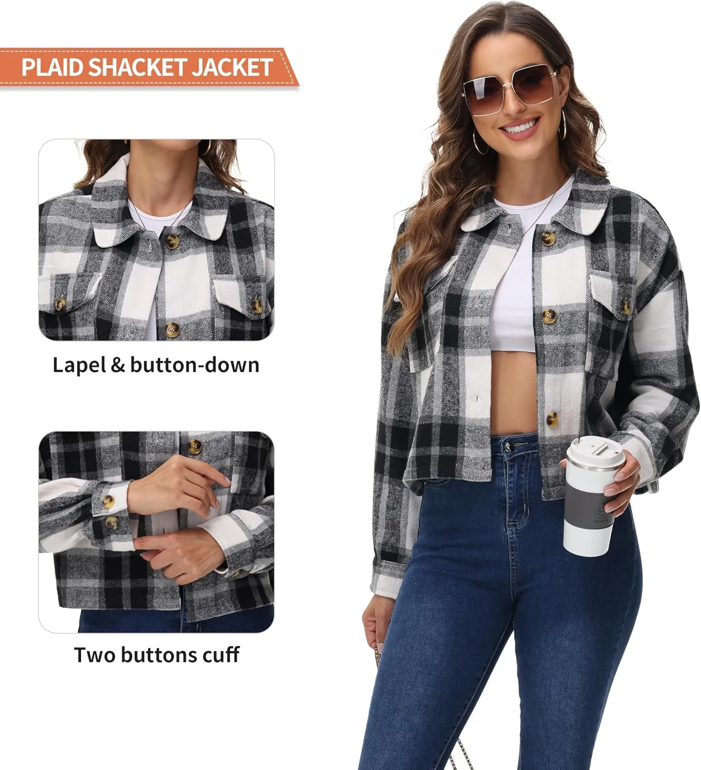 URBEST Women's Oversized Plaid Shacket | Soft Brushed Fabric | Casual Layering Top, Knee Length/Plus Size/Cropped