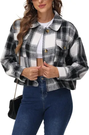URBEST Women's Oversized Plaid Shacket | Soft Brushed Fabric | Casual Layering Top, Knee Length/Plus Size/Cropped
