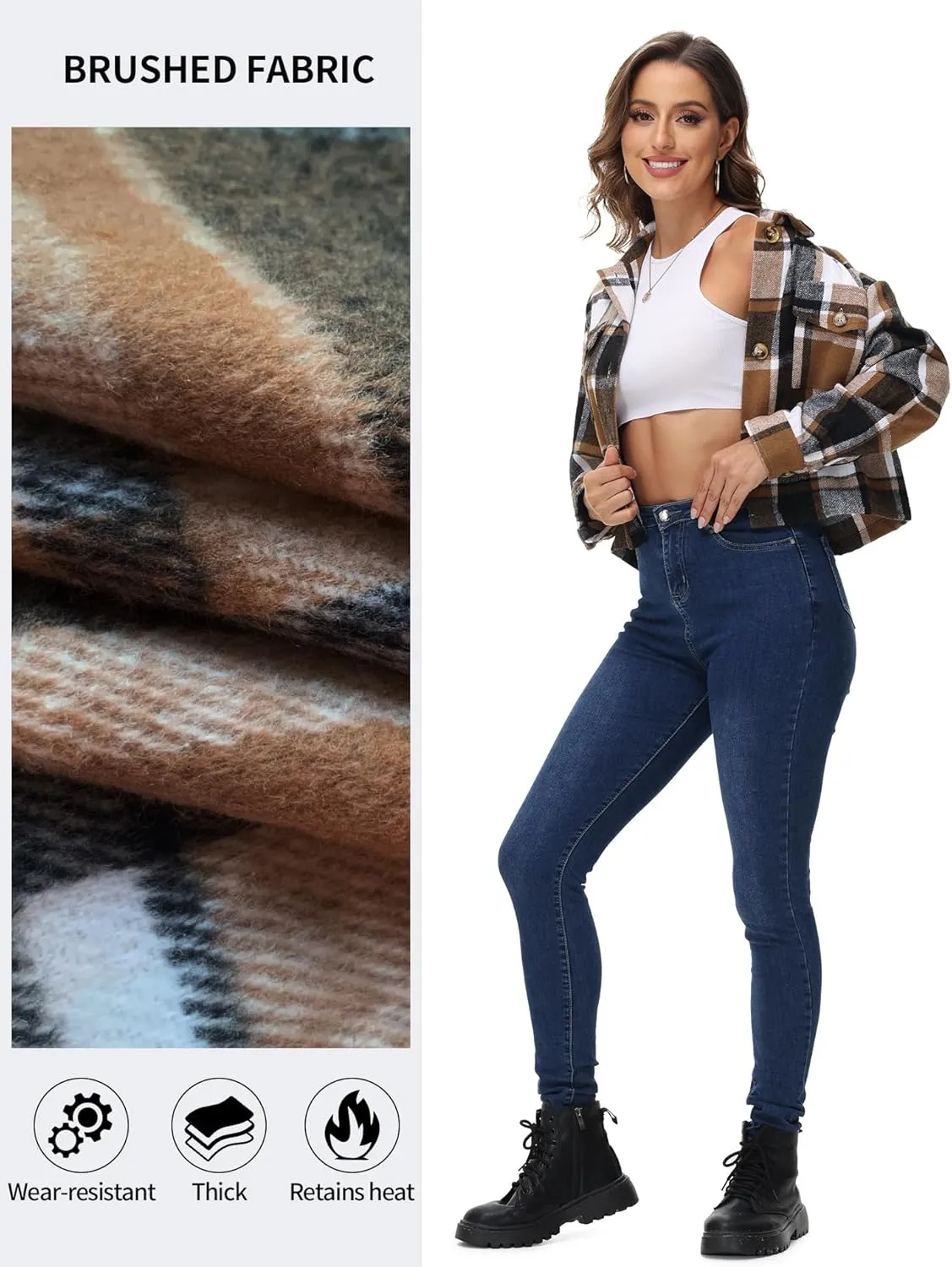 URBEST Women's Oversized Plaid Shacket | Soft Brushed Fabric | Casual Layering Top, Knee Length/Plus Size/Cropped