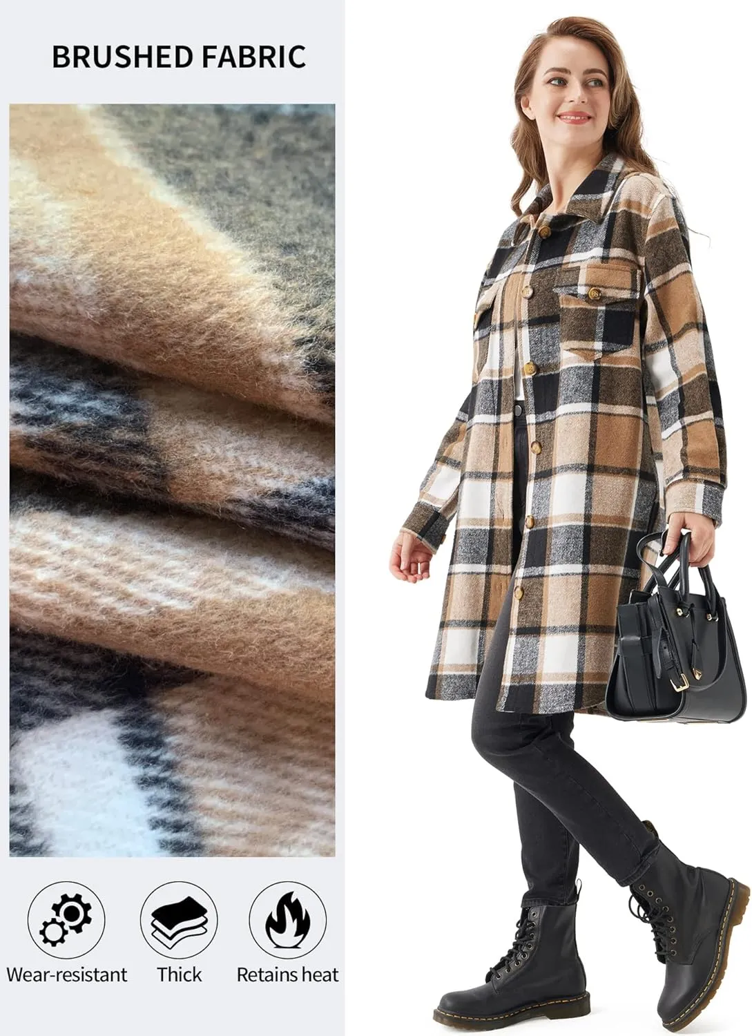 URBEST Women's Oversized Plaid Shacket | Soft Brushed Fabric | Casual Layering Top, Knee Length/Plus Size/Cropped