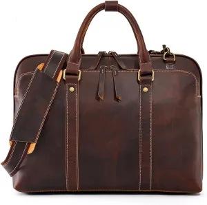 Vintage Leather Bag Leather Briefcase Real cowhide Commuter Tote Business Shoulder Crossbody Bag 16in Computer Bagbrown
