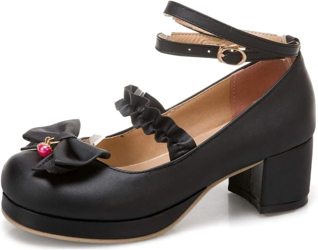 VOKLIN Women's Girls Lolita Mary Jane Pumps Sweet Bow Ankle Strap Platform Block Mid Heel Oxford Dress Shoes