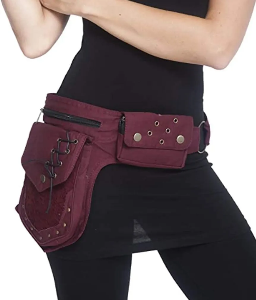 Waist Pack, Renaissance Bag for Women, Maroon Canvas Waist Bags, Thigh Bag with Multiple Pockets, Adjustable Hip Belt Bag for Travel, Work, School, Festival Party