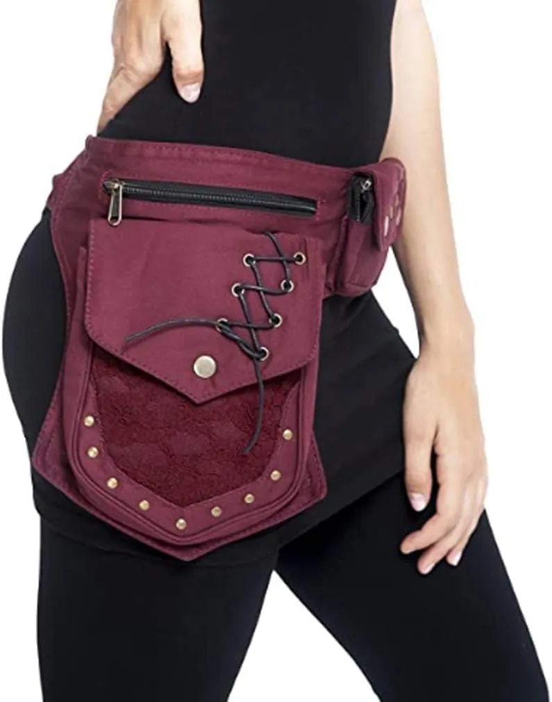 Waist Pack, Renaissance Bag for Women, Maroon Canvas Waist Bags, Thigh Bag with Multiple Pockets, Adjustable Hip Belt Bag for Travel, Work, School, Festival Party