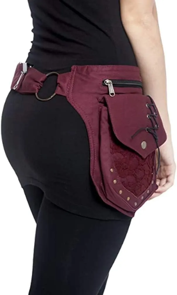 Waist Pack, Renaissance Bag for Women, Maroon Canvas Waist Bags, Thigh Bag with Multiple Pockets, Adjustable Hip Belt Bag for Travel, Work, School, Festival Party
