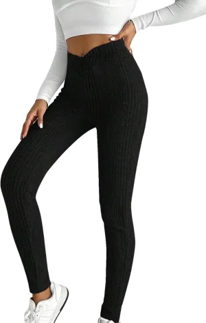 WDIRARA Women's Elastic Waist Leggings Ribbed Knit Casual Long Pants