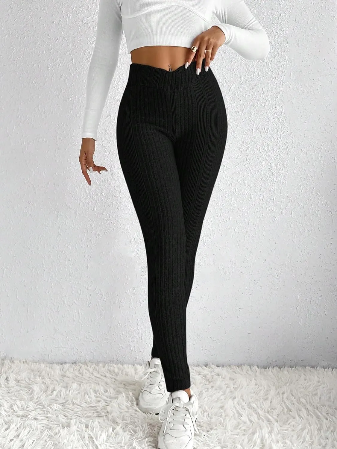 WDIRARA Women's Elastic Waist Leggings Ribbed Knit Casual Long Pants