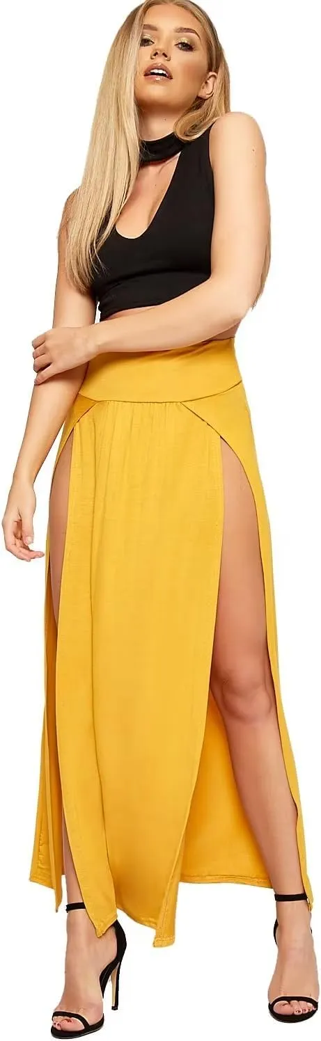 WearAll Womens Double Split Maxi Long Skirt Ladies Plain Basic Two Side Slit Plus Size 4-22
