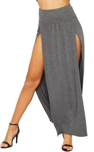 WearAll Womens Double Split Maxi Long Skirt Ladies Plain Basic Two Side Slit Plus Size 4-22
