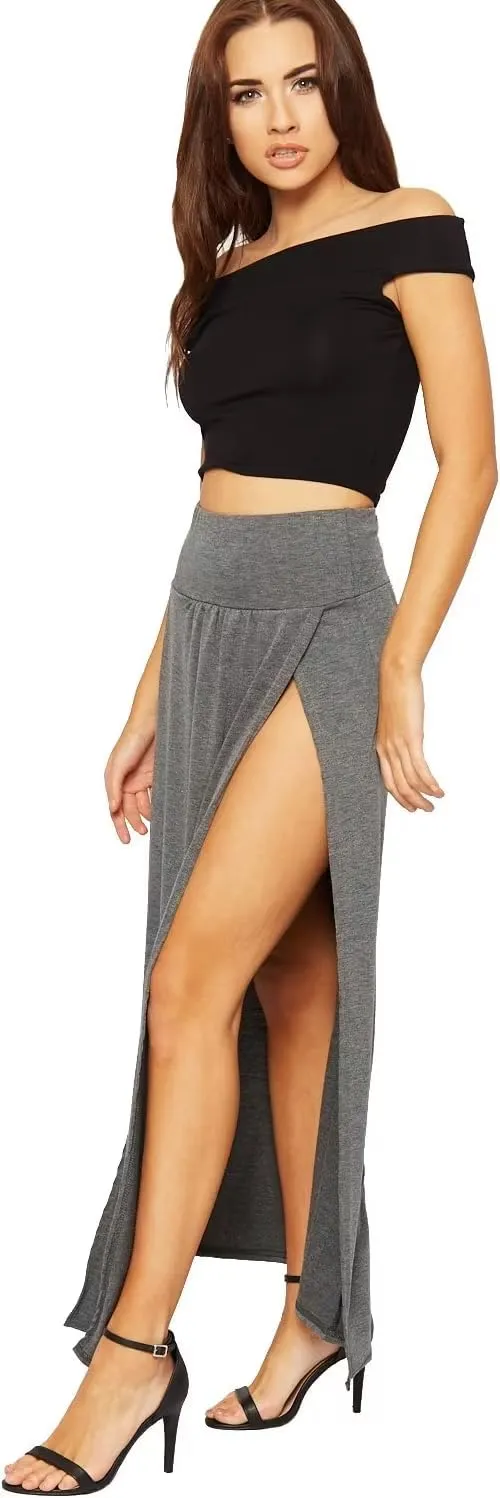 WearAll Womens Double Split Maxi Long Skirt Ladies Plain Basic Two Side Slit Plus Size 4-22