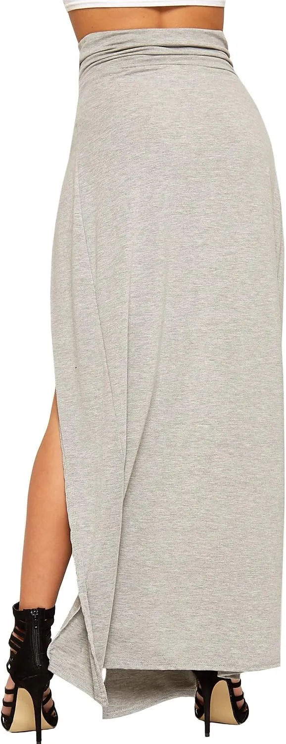 WearAll Womens Double Split Maxi Long Skirt Ladies Plain Basic Two Side Slit Plus Size 4-22
