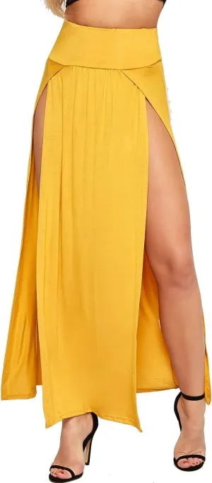 WearAll Womens Double Split Maxi Long Skirt Ladies Plain Basic Two Side Slit Plus Size 4-22