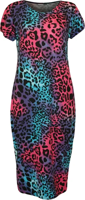 WearAll Womens Plus Size Print Short Sleeve Scoop Stretch Ladies Midi Dress 10-24