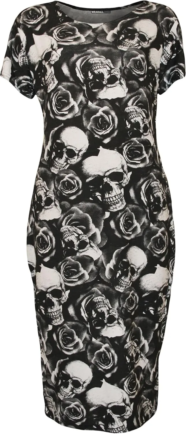 WearAll Womens Plus Size Print Short Sleeve Scoop Stretch Ladies Midi Dress 10-24