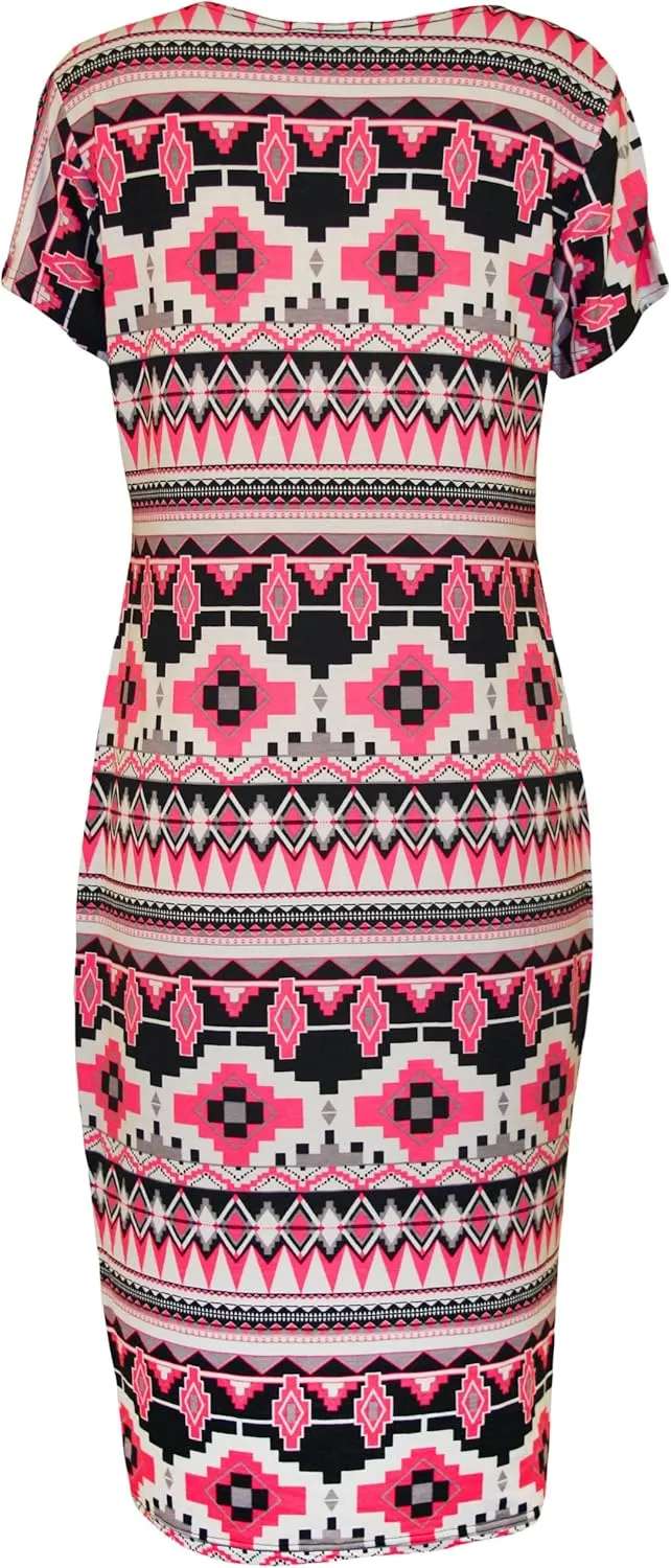 WearAll Womens Plus Size Print Short Sleeve Scoop Stretch Ladies Midi Dress 10-24