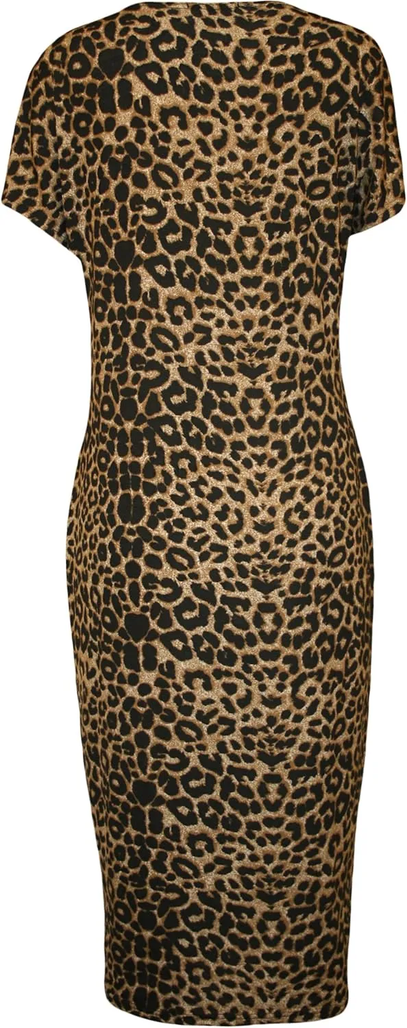 WearAll Womens Plus Size Print Short Sleeve Scoop Stretch Ladies Midi Dress 10-24