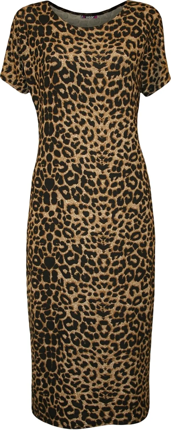 WearAll Womens Plus Size Print Short Sleeve Scoop Stretch Ladies Midi Dress 10-24