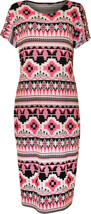 WearAll Womens Plus Size Print Short Sleeve Scoop Stretch Ladies Midi Dress 10-24