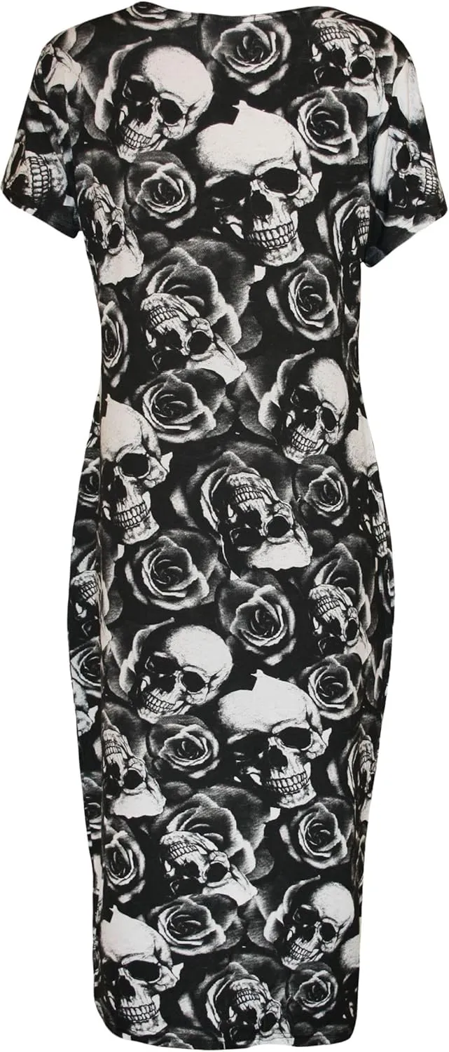WearAll Womens Plus Size Print Short Sleeve Scoop Stretch Ladies Midi Dress 10-24
