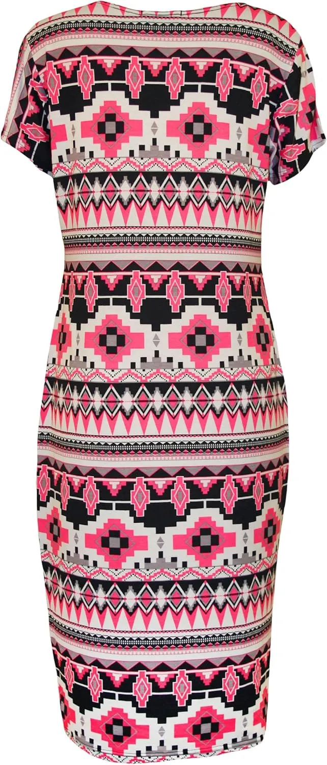 WearAll Womens Plus Size Print Short Sleeve Scoop Stretch Ladies Midi Dress 10-24