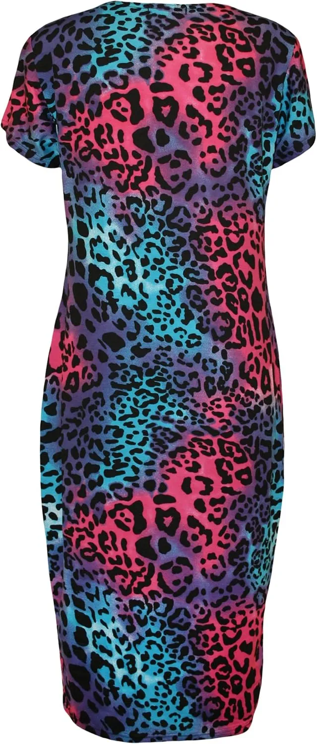 WearAll Womens Plus Size Print Short Sleeve Scoop Stretch Ladies Midi Dress 10-24
