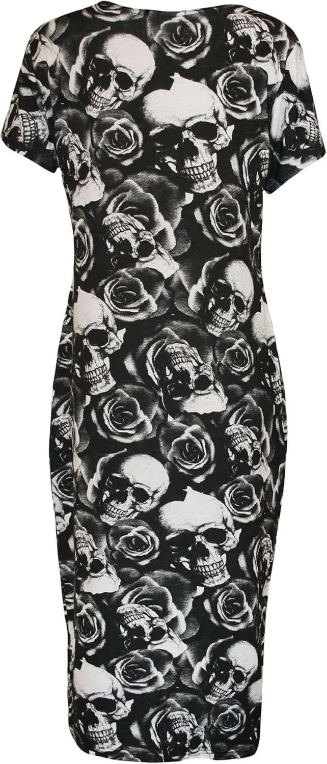 WearAll Womens Plus Size Print Short Sleeve Scoop Stretch Ladies Midi Dress 10-24