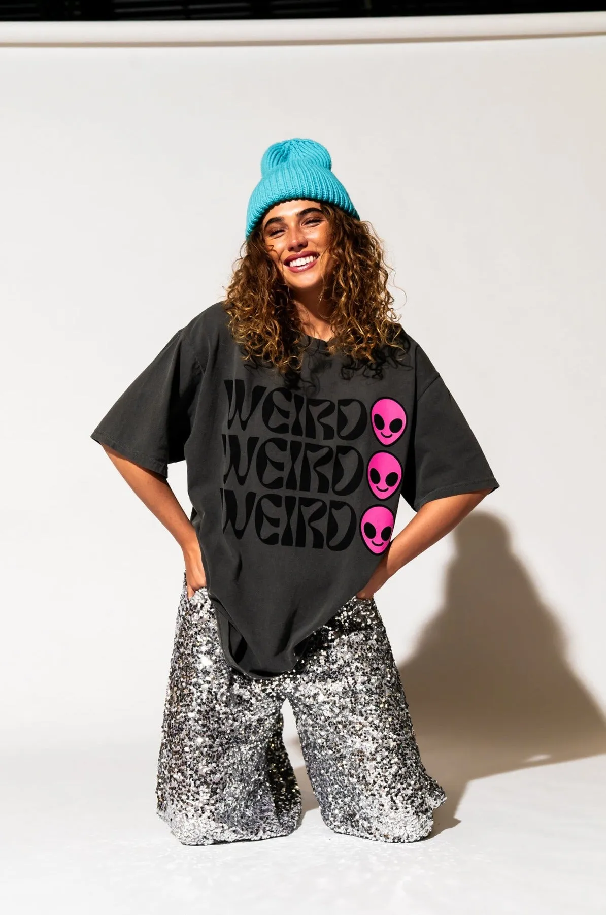 Weirdo Alien Tee in Charcoal   Pink