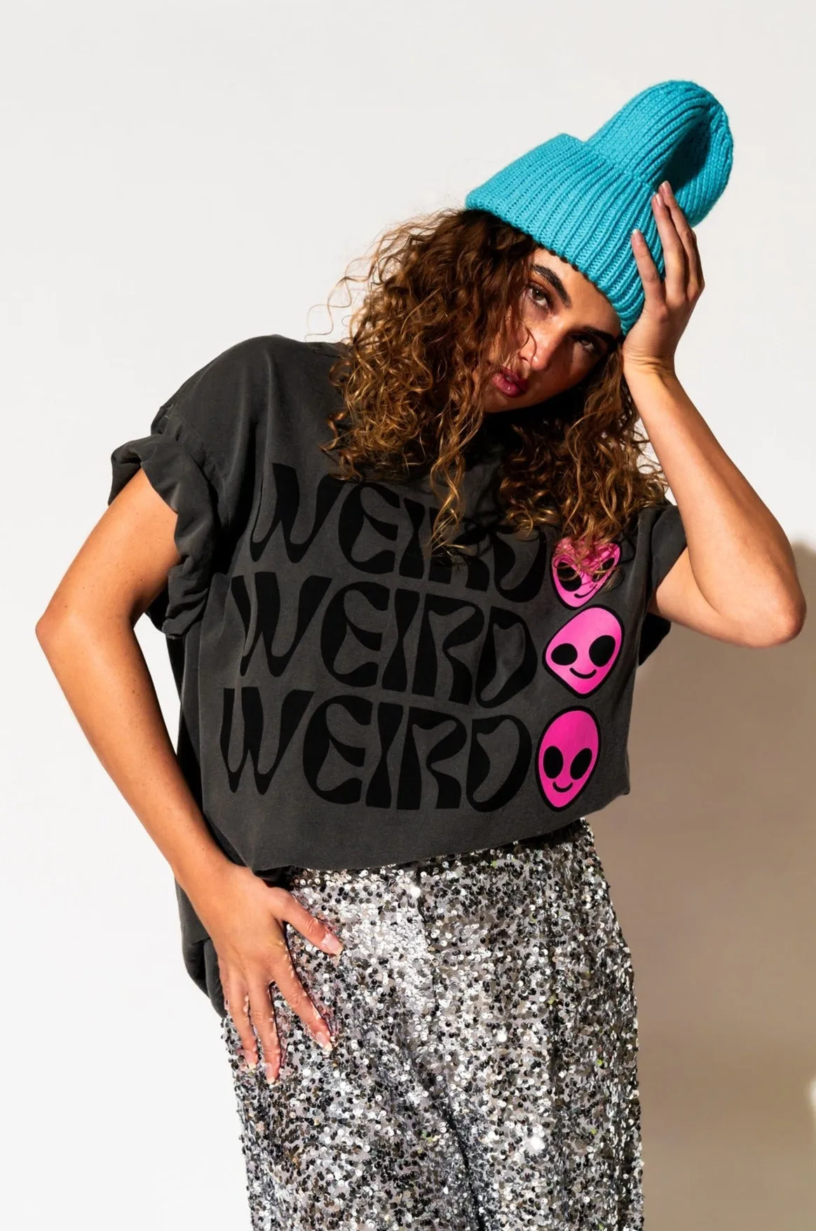Weirdo Alien Tee in Charcoal   Pink