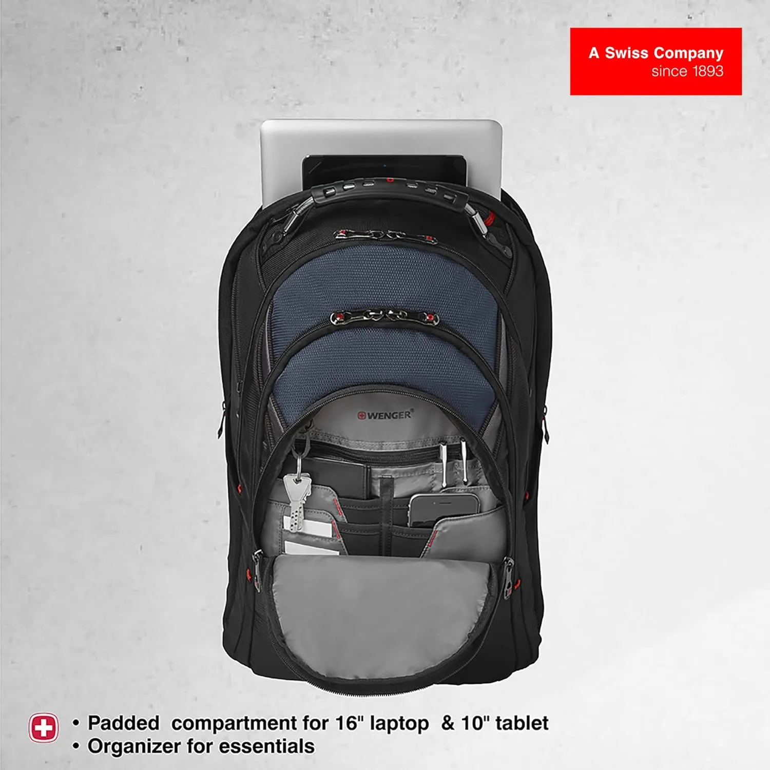 Wenger Ibex 17 inch Laptop Backpack, Men's and Women's Laptop Bag, Black/Gray/Blue