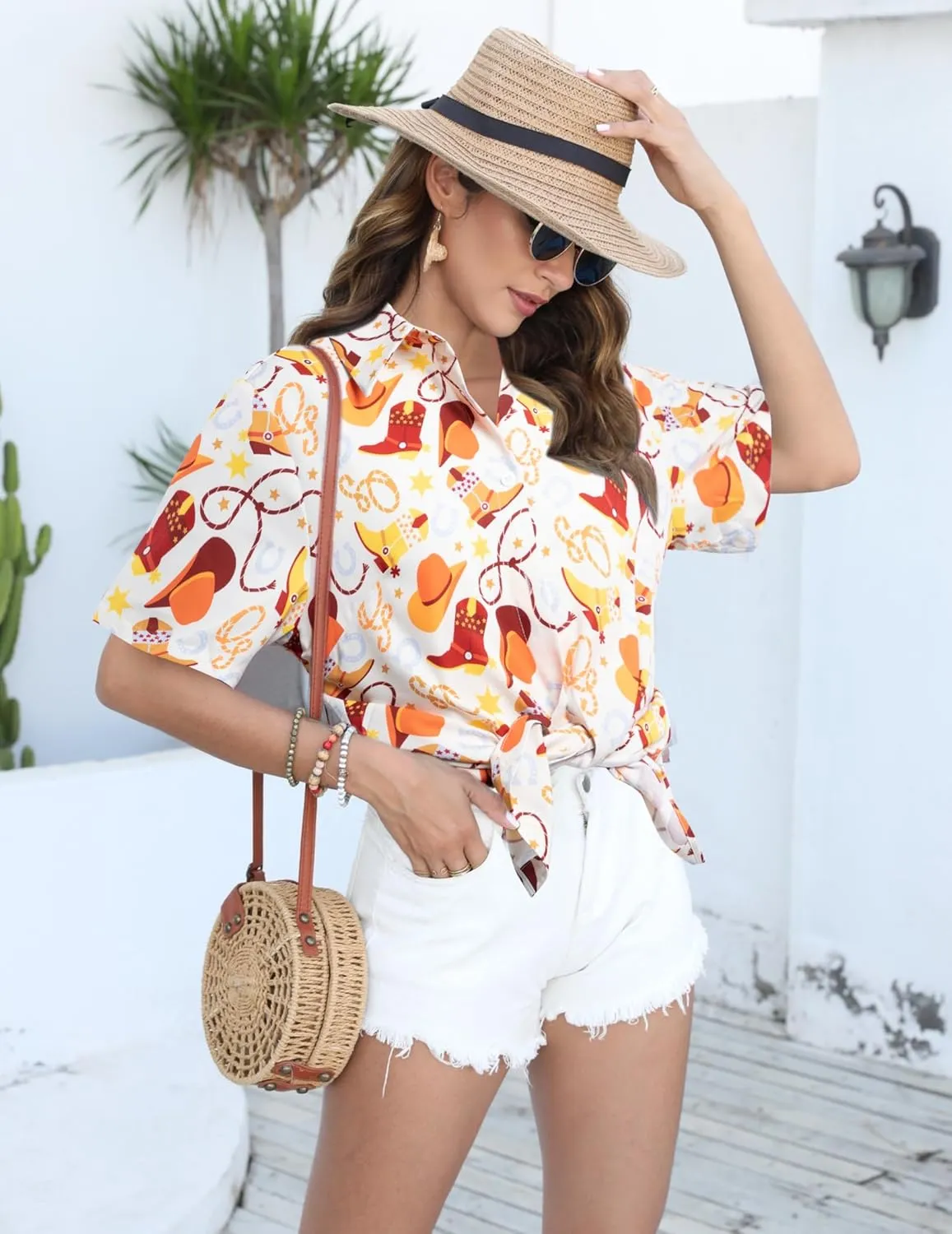 Western Shirts for Women Retro Cowgirl Shirt Rodeo Button Up Tshirt Hawaiian Summer Vacation Short Sleeve Top Blouses