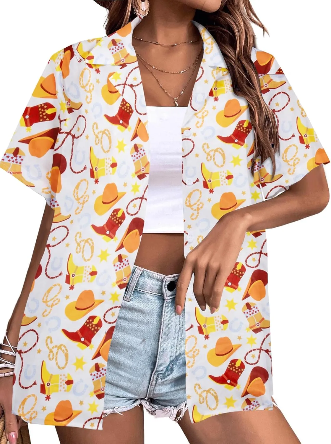 Western Shirts for Women Retro Cowgirl Shirt Rodeo Button Up Tshirt Hawaiian Summer Vacation Short Sleeve Top Blouses