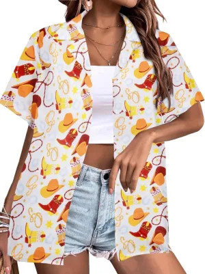 Western Shirts for Women Retro Cowgirl Shirt Rodeo Button Up Tshirt Hawaiian Summer Vacation Short Sleeve Top Blouses
