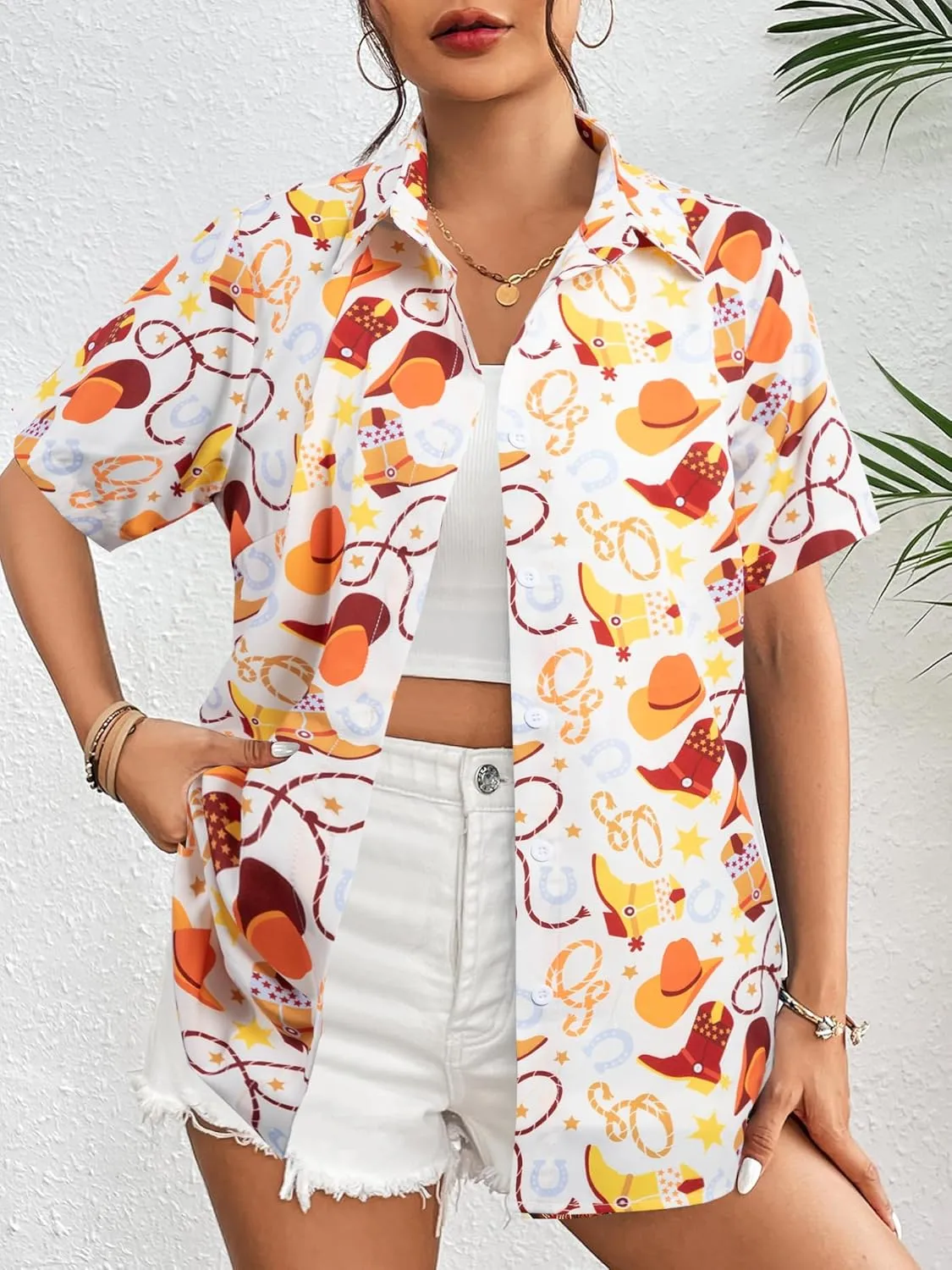 Western Shirts for Women Retro Cowgirl Shirt Rodeo Button Up Tshirt Hawaiian Summer Vacation Short Sleeve Top Blouses