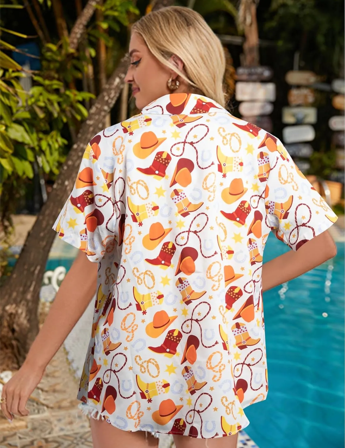 Western Shirts for Women Retro Cowgirl Shirt Rodeo Button Up Tshirt Hawaiian Summer Vacation Short Sleeve Top Blouses